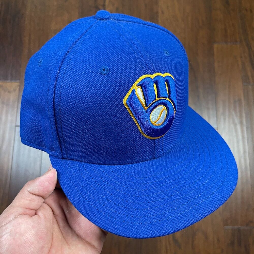 Milwaukee Brewers Blue Yellow New Era Fitted Hat Baseball Cap size 7 3/8 H1